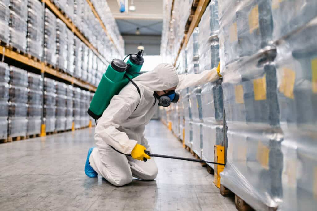 A pest control expert is spraying pesticide to control a pest breakout at a commercial warehouse